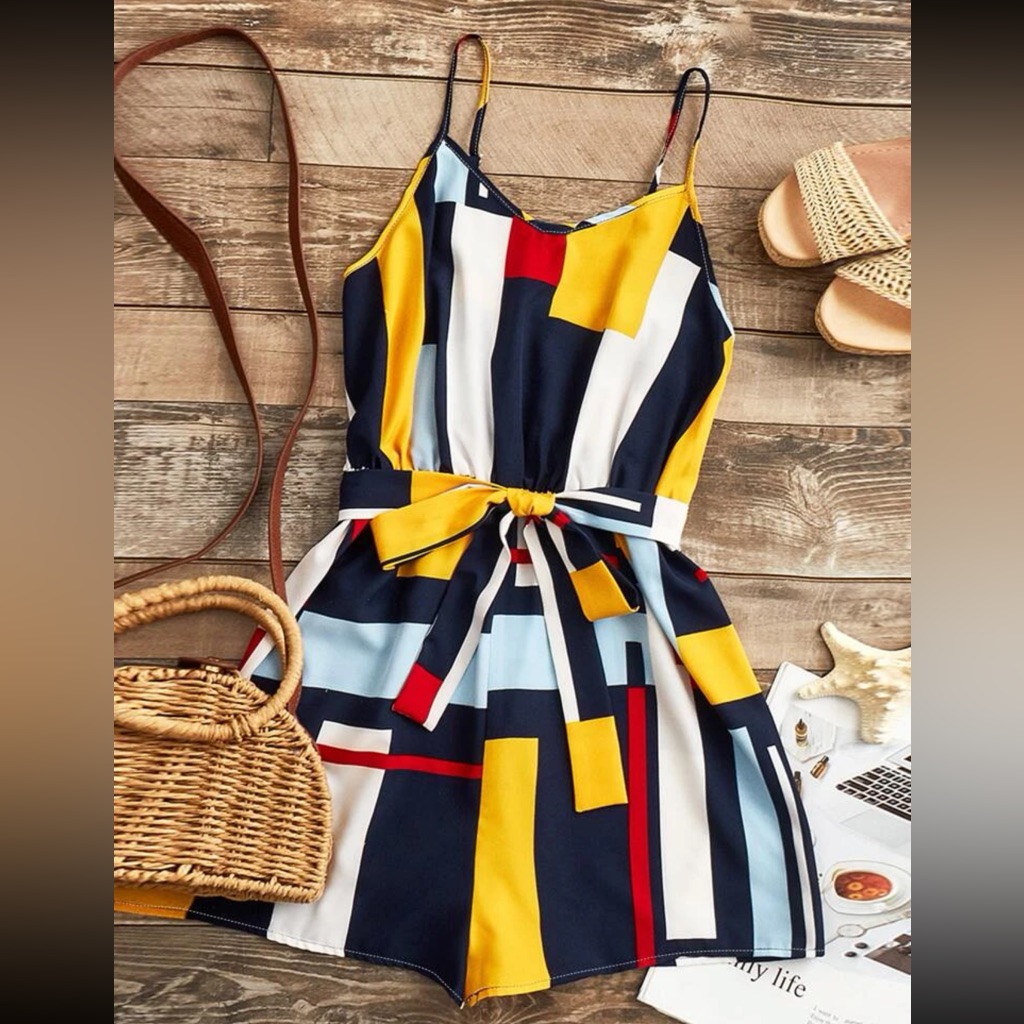 Block Belted Cami Romper
